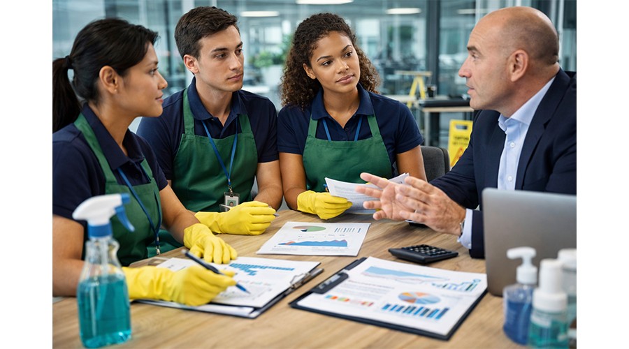 Een manager legt uit aan de schoonmakers waarom de prijzen zijn gestegen. Dit heeft ook gevolgen voor hun uren en de nacalculatie richting de opdrachtgever.