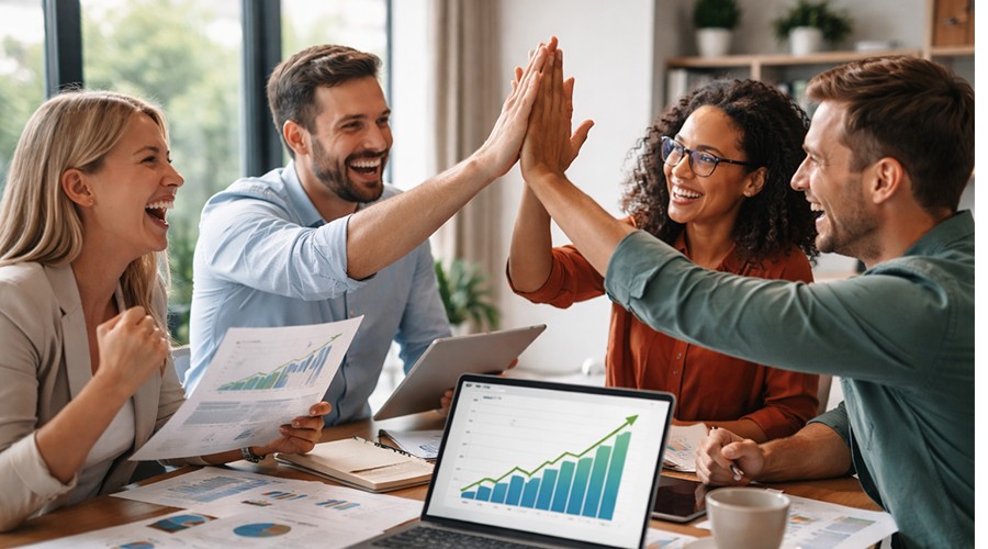 Foto ter illustratie van vreugde na winstgevende cijfers.