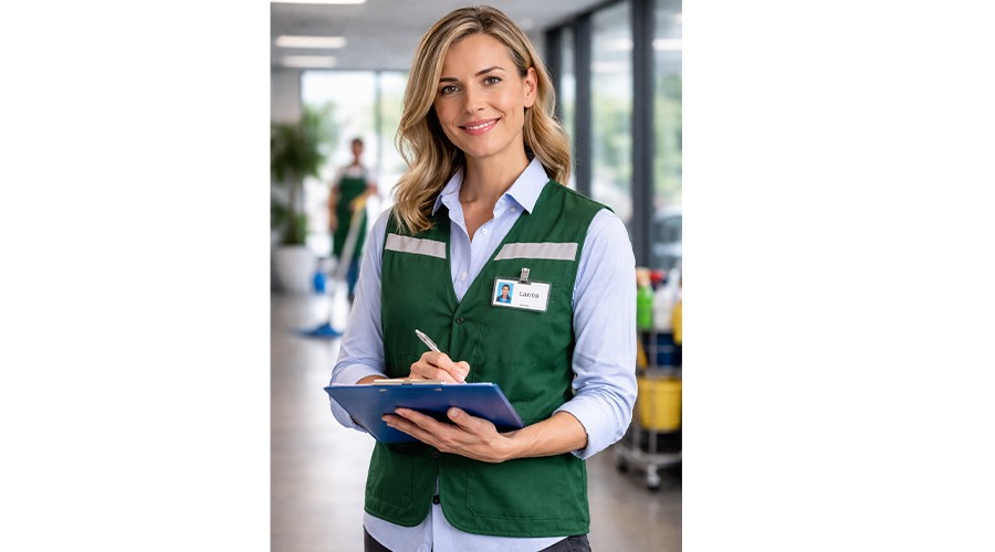 Foto ter illustratie van een vrouwelijke manager in de schoonmaakbranche.