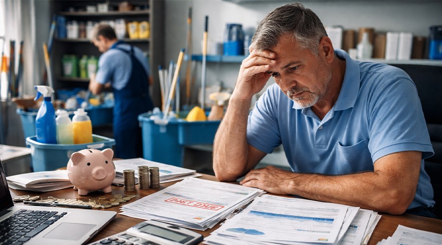 Foto ter illustratie van een schoonmaakondernemer die het lastig heeft.