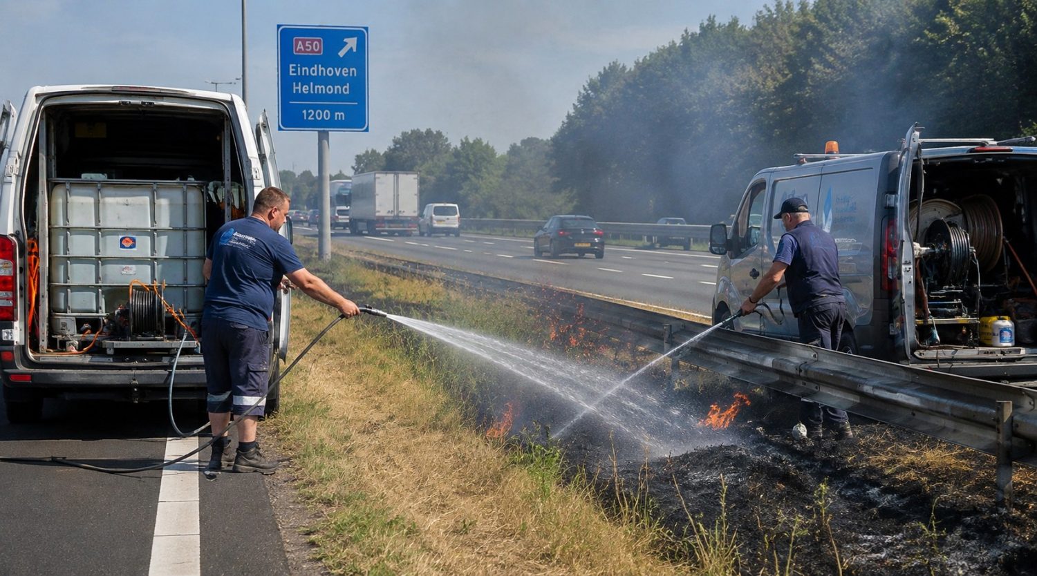 Foto ter illustratie van een voorbeeld van de bluswerkzaamheden in de berm langs de snelweg